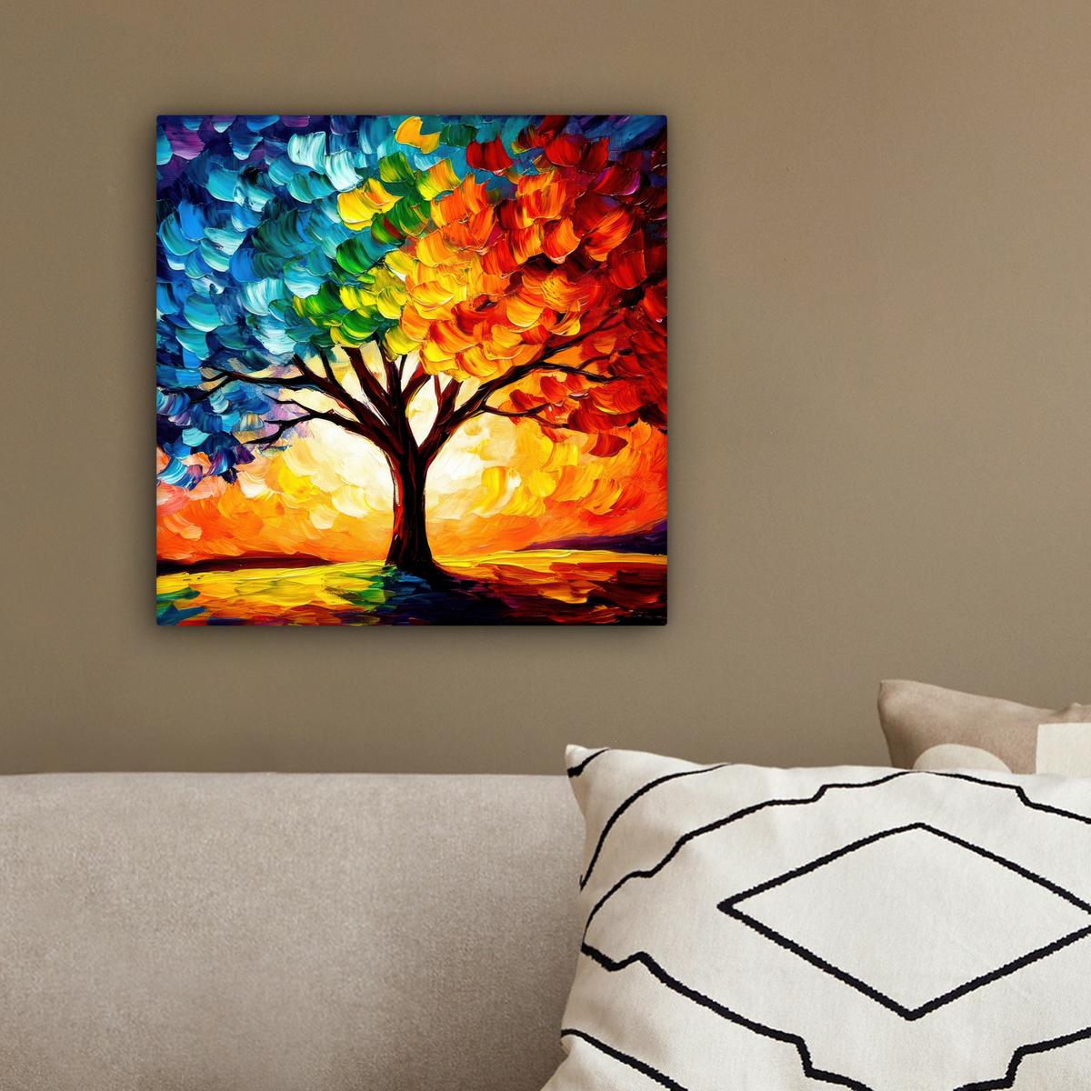 LEINWANDBILD Baum - Kunst - Natur - Sonnenuntergang Deko Wohnzimmer 20x20 cm - Multicolor, Textil (20/20cm) - MuchoWow