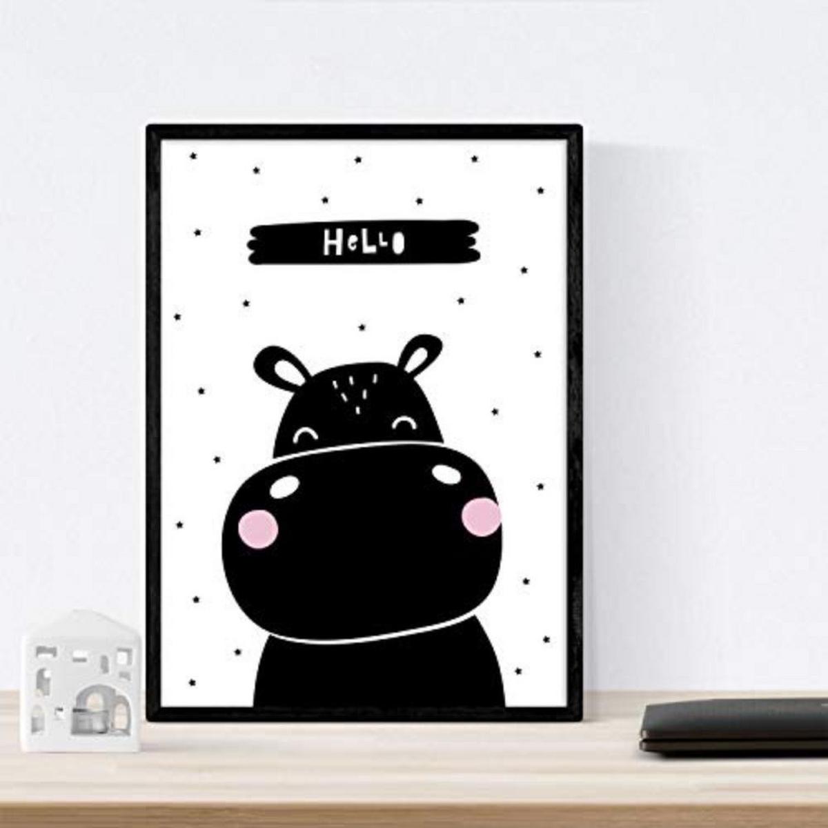 POSTER Set mit 4 Eisbär, Kaninchen, Hypopotamus und Ananas Tieren A3 Schwarzer Rahmen - Schwarz, Papier (29.7/3cm) - Nacnic