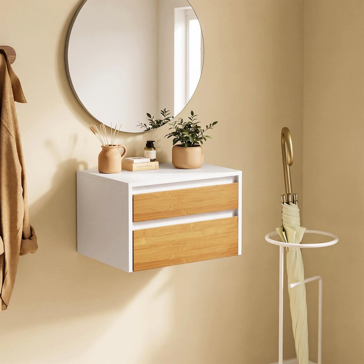 SCHWEBENDER-NACHTTISCH mit 2 Schubladen, Wandregal 40x29,8x25,6cm - Weiß/Naturfarben, Holzwerkstoff (40/26/30cm) - SoBuy