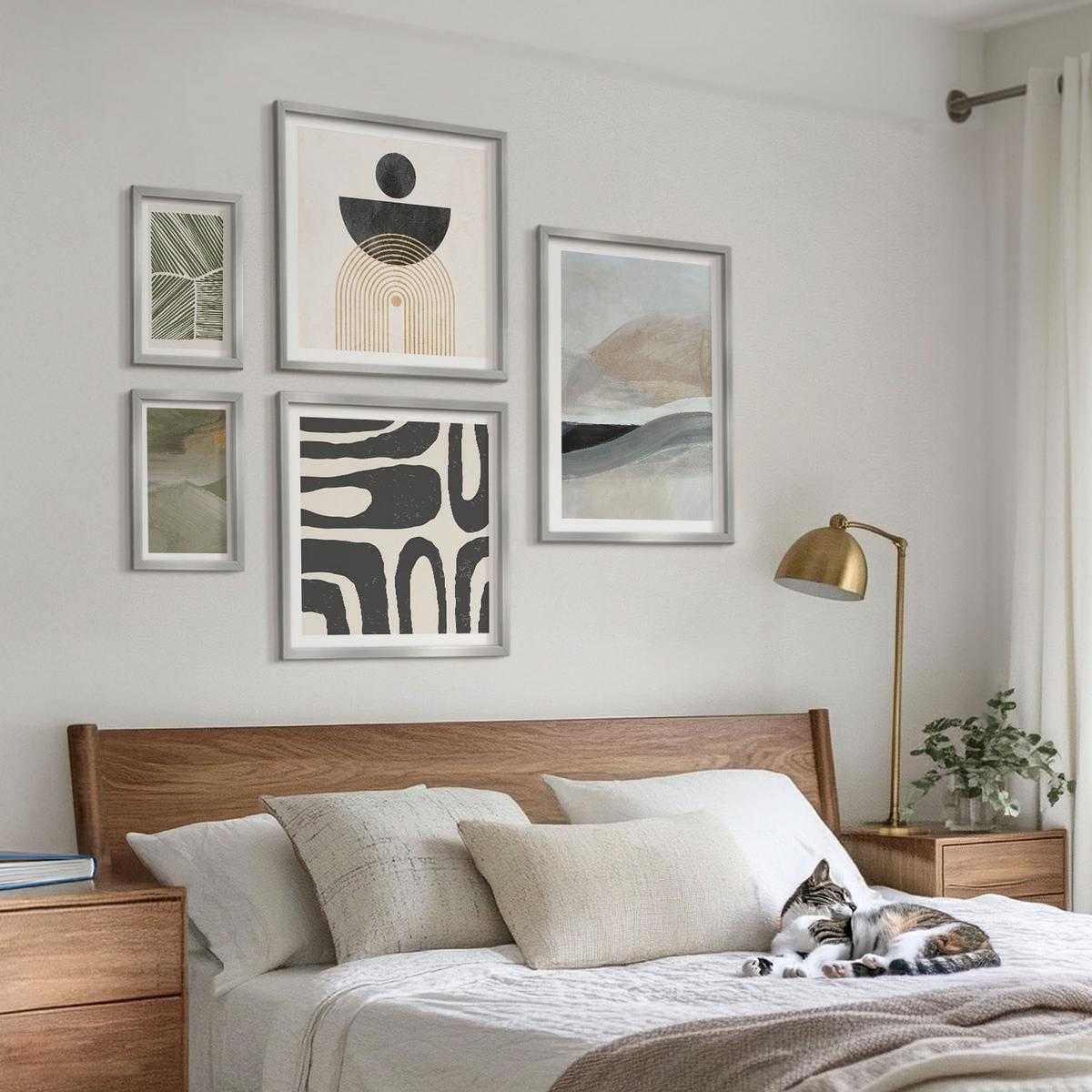 BILDER SET 5er Set - 50x50 cm & 20x30 cm & 40x60 cm Silberner Rahmen - Gemalte abstrakte Dekorationen - Silberfarben, Kunststoff (40/60cm) - TULUP