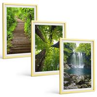 BILDER SET 3er Set - 40x60 cm Goldrahmen - Pfad Wald Wasserfall Vegetation - Goldfarben, Kunststoff (40/60cm) - TULUP