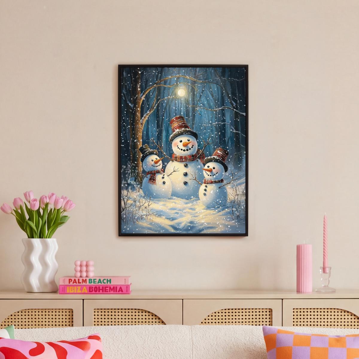 LEINWAND Bilder mit Rahmen - Schneemann - Schnee - Winter - Wald - 50x70 - Hellblau, Textil (50/70cm) - MuchoWow