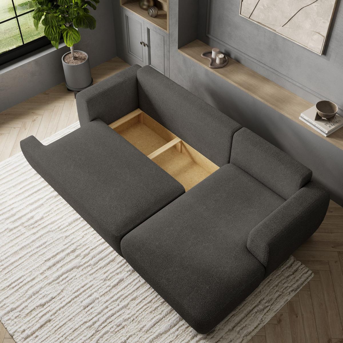 ECKSOFA SENTI N R-S Grau Boucle-Stoff mit Schlaffunktion - Schwarz/Grau, Holz/Kunststoff (246/148cm) - MASSENO