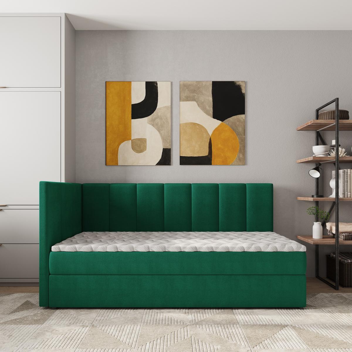 BOXBETT BEVE 90x200 cm mit Matratze und Topper, H2+H3 - Grün - Grün, Holz (90/200cm) - MASSENO