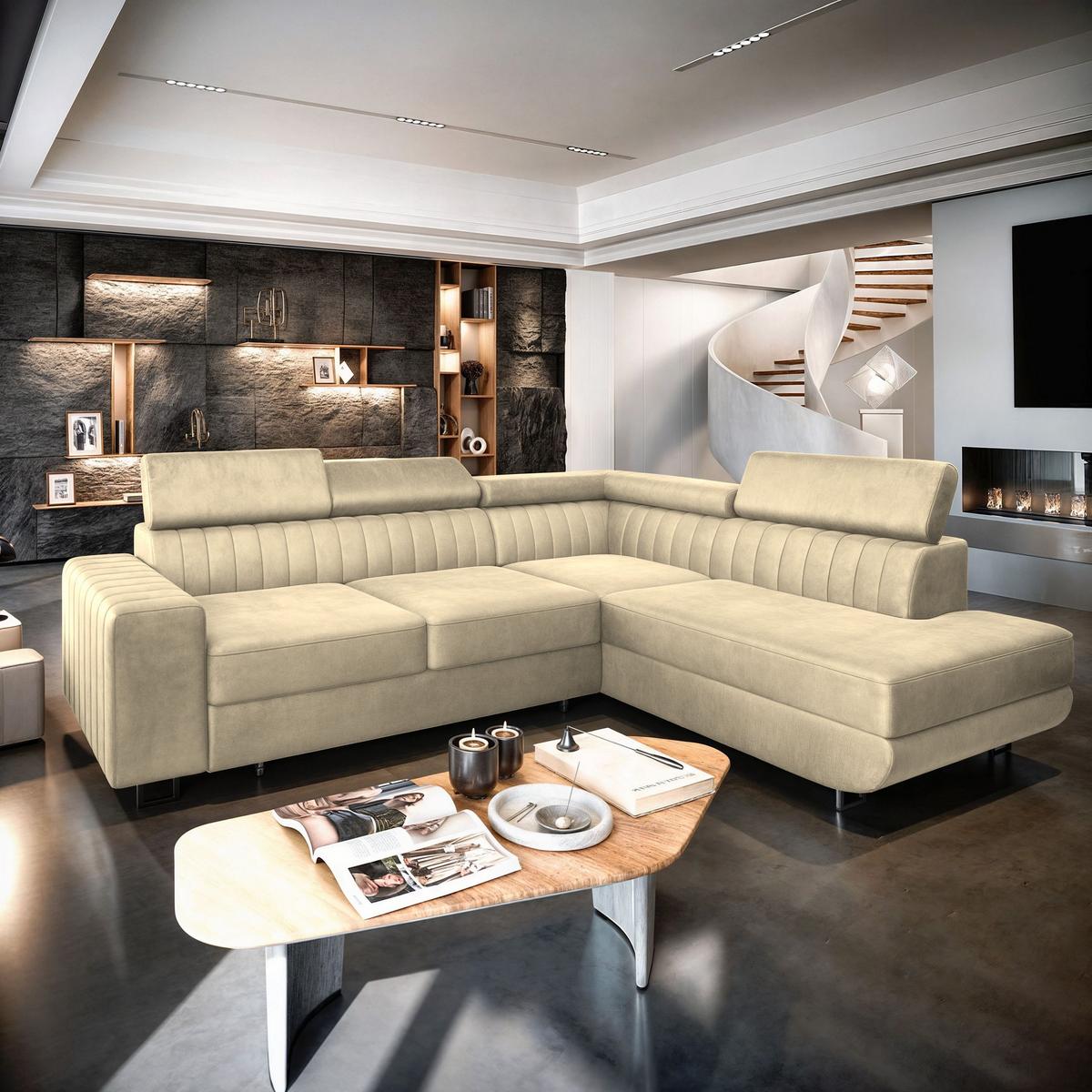 ECKSOFA NOLA R-S Creme Velours-Stoff mit Schlaffunktion - Silberfarben/Creme, Holz/Textil (253/190cm) - MASSENO