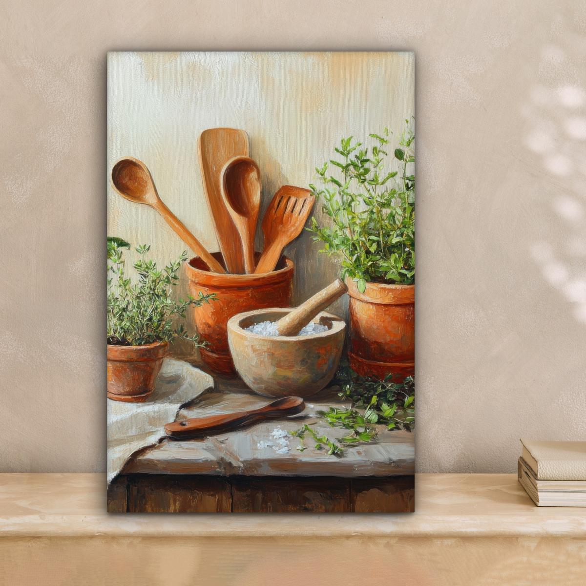 LEINWANDBILD Töpfe - Kräuter - Holz Deko Wohnzimmer 20x30 cm - Terracotta, Textil (20/30cm) - MuchoWow