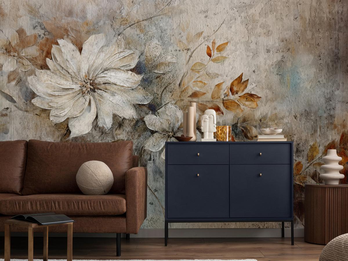 FOTOTAPETE für Wohnzimmer Retroblumen Blätter Beton Abstraktion Pflanzen 100x70 - Multicolor, Papier (100/70cm) - Muralo