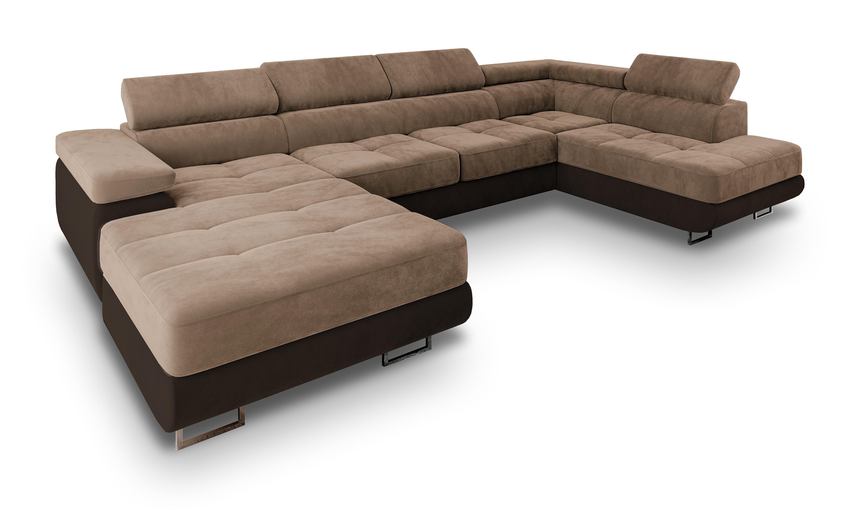 WOHNLANDSCHAFT CASONE R-S Beige Velours-Stoff mit Schlaffunktion - Beige/Silberfarben, Holz/Textil (345/90/202cm) - MASSENO