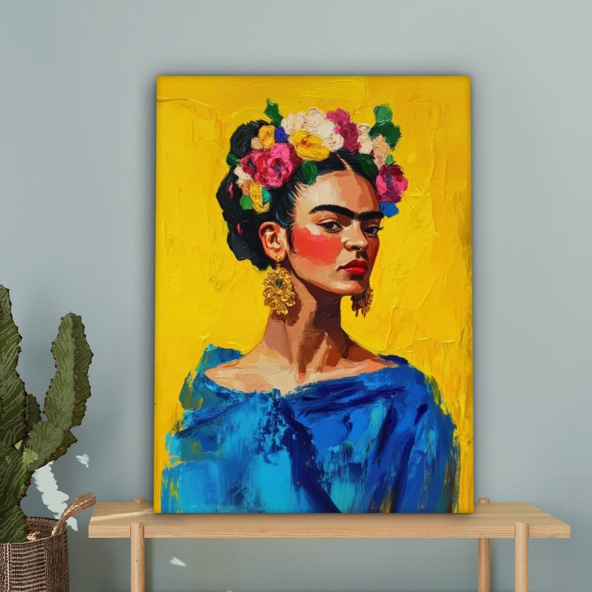 LEINWANDBILD Frida Kahlo - Frau - Gelb - Blau - Blumen Wandbild Wohnzimmer 60x80 cm - Gelb, Textil (60/80cm) - MuchoWow