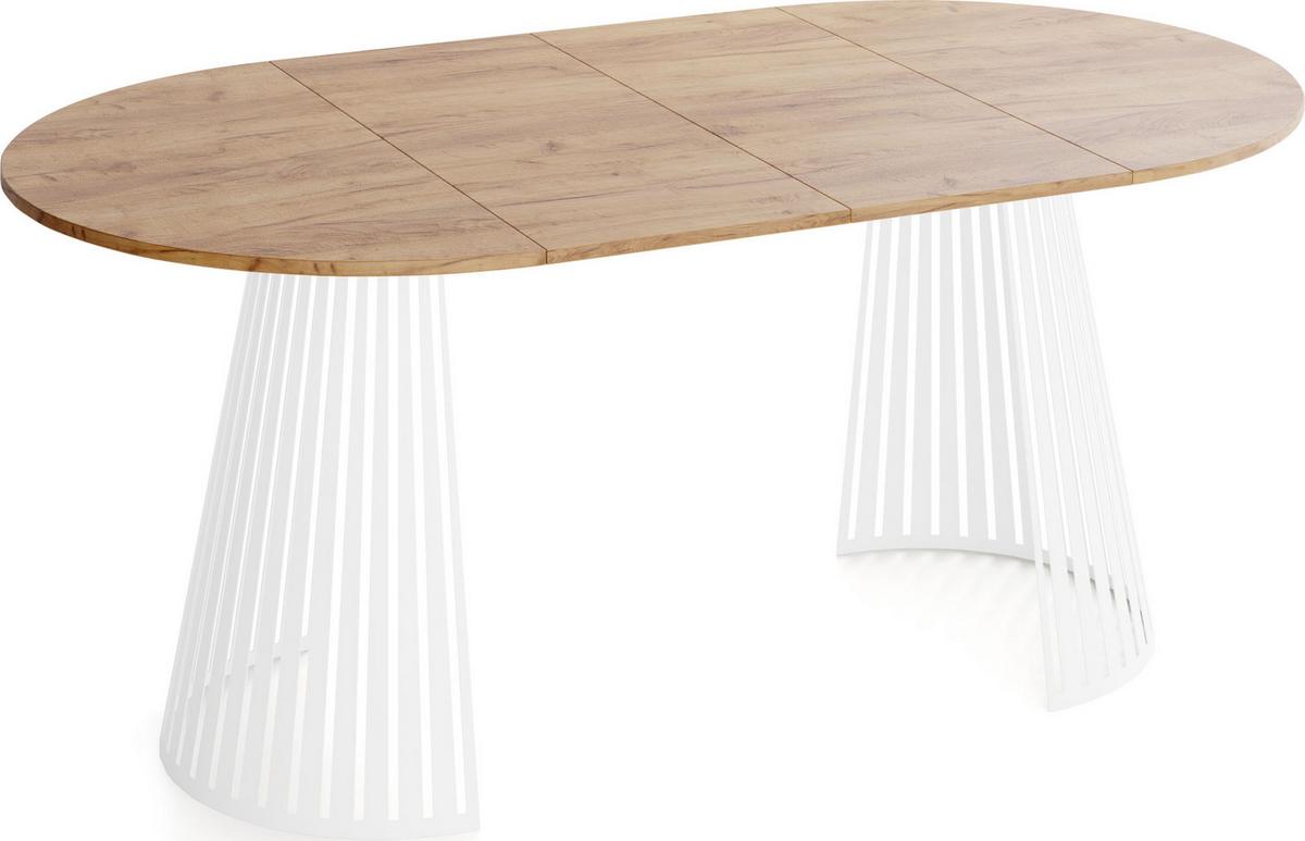 ESSTISCH Naro rund ausziehbar mit Weißem Lamellen-Metallgestell, Braun 100-180/100/76 cm - Eiche Wotan/Weiß, Holzwerkstoff/Metall (100/176/76cm) - WFL GROUP