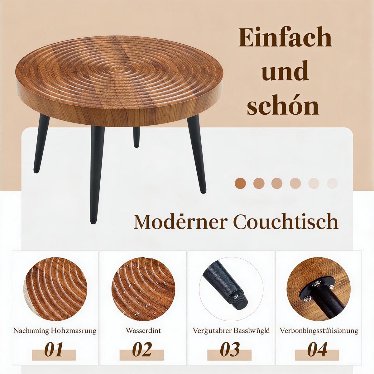 COUCHTISCH Walnussbraun Rund mit Jahresringen & Metallbeinen - Walnussfarben, Holzwerkstoff (60/60/37cm) - Urban Meuble