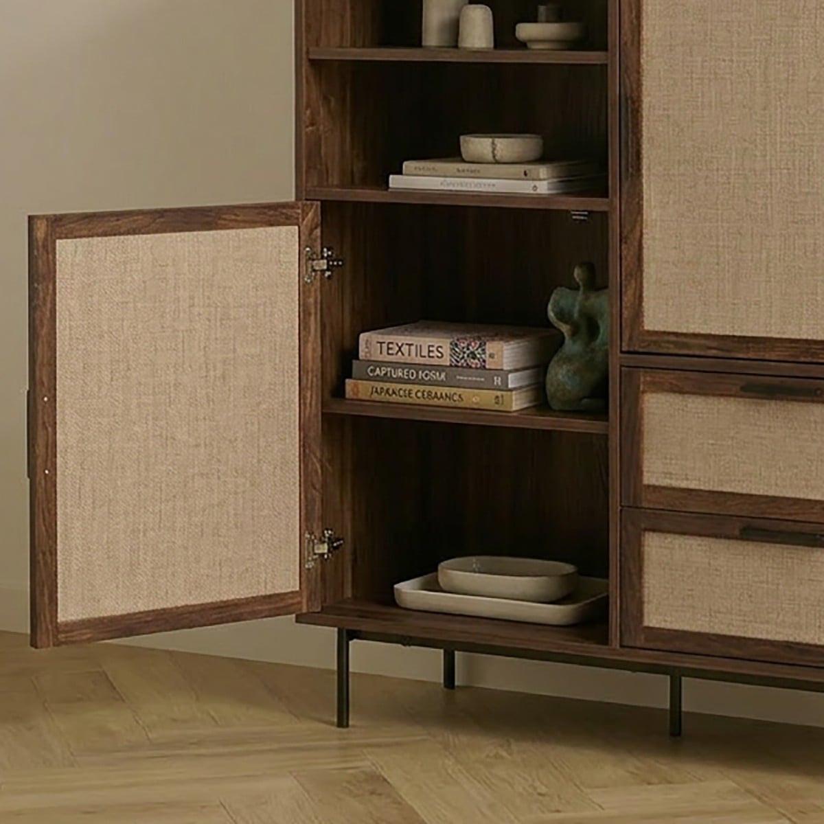 HIGHBOARD 2 Türen 2 Schubladen aus Textil und Walnuss-Dekor 120/40/80 cm - Nussbaumfarben, Holzwerkstoff (39.5/120/47cm) - Calicosy