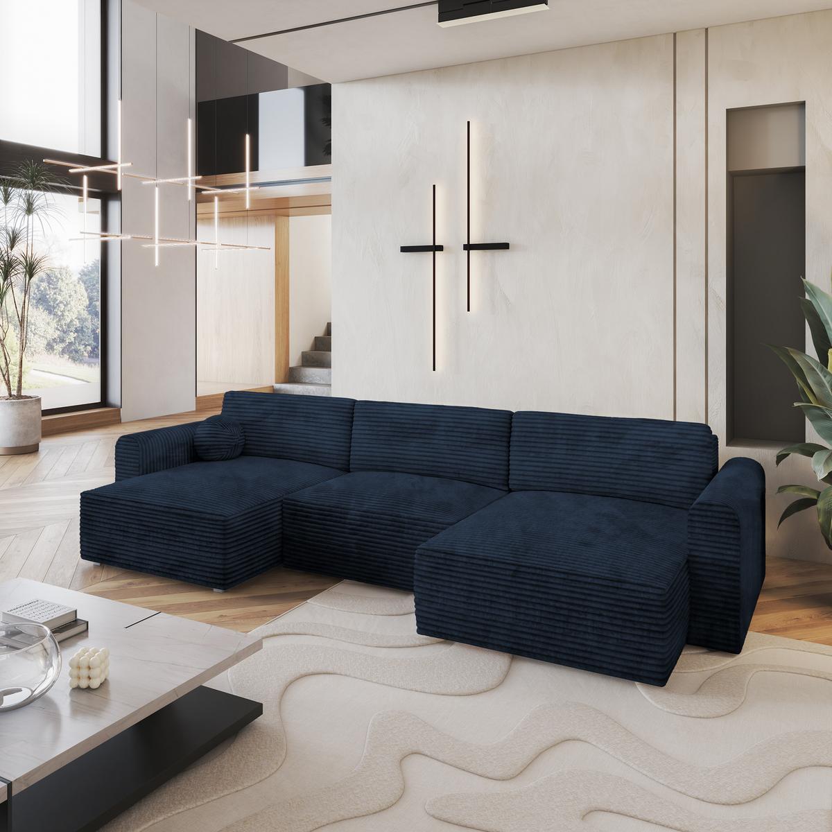 WOHNLANDSCHAFT FENTO Blau Kordstoff mit Schlaffunktion - Blau, Holz (347/90/148cm) - MASSENO
