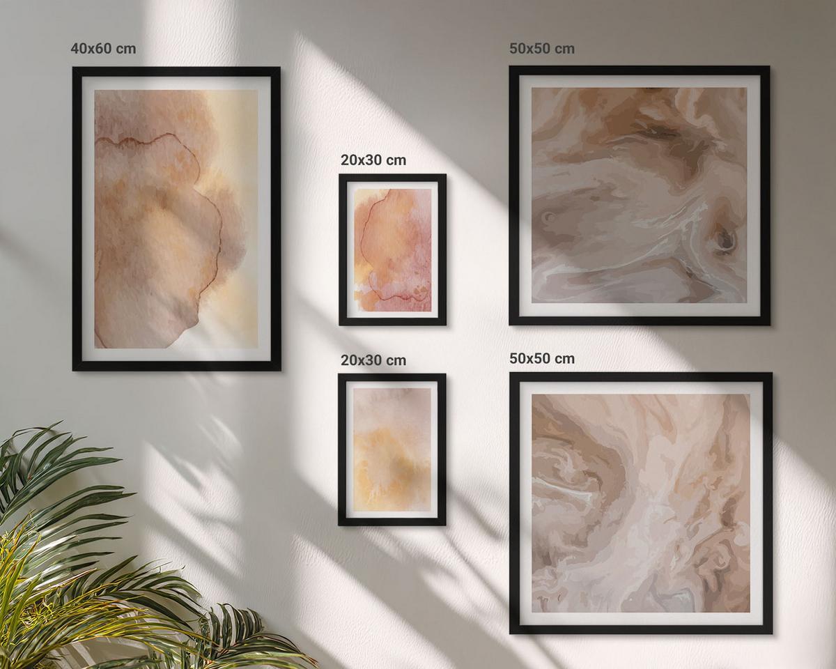 BILDER SET 5er Set - 50x50 cm & 20x30 cm & 40x60 cm Schwarzer Rahmen - Warme Aquarellfarben auf Leinwand - Schwarz, Kunststoff (40/60cm) - TULUP
