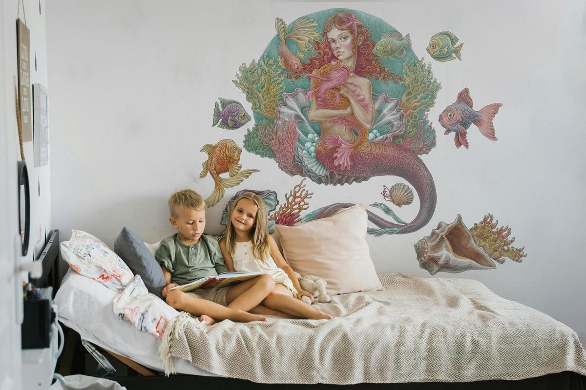 WANDAUFKLEBER 130x129cm - Meerjungfrauen-Zeichentrickwelt - Multicolor, Kunststoff (130/129/0.1cm) - Wallfluent