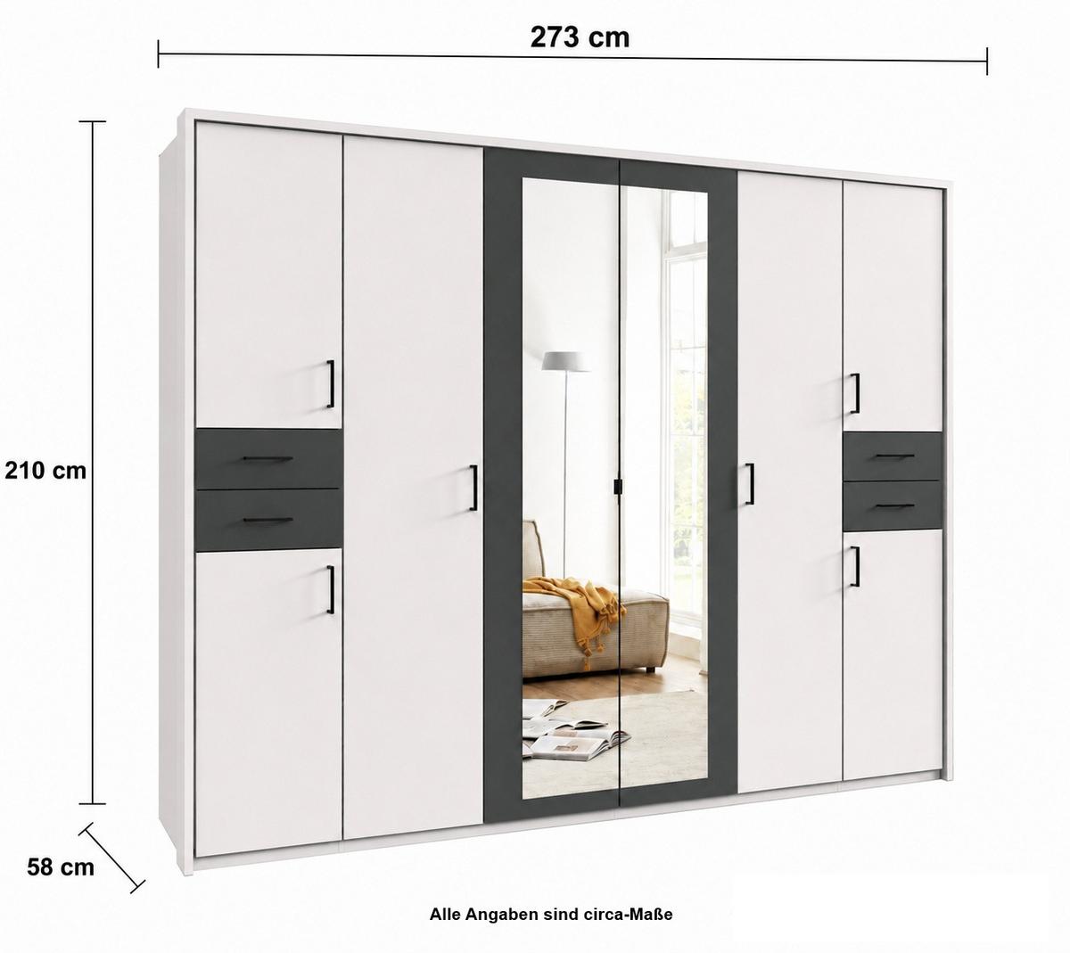 DREHTÜRENSCHRANK B273/H210/T58 cm, Weiß mit Absetzungen in Grafit, Kleiderschrank mit Passepartout&2Spiegeltüren&Schubkästen, Griffe schwarz / 22578 - Graphitfarben/Schwarz, Holzwerkstoff/Kunststoff (273/210/58cm) - luma-home