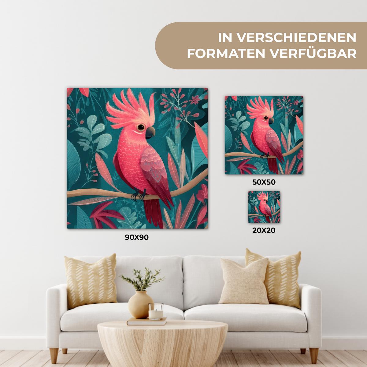 LEINWANDBILD Kakadu - Tropische Blätter - Zweig Deko Wohnzimmer 20x20 cm - Petrol, Textil (20/20cm) - MuchoWow
