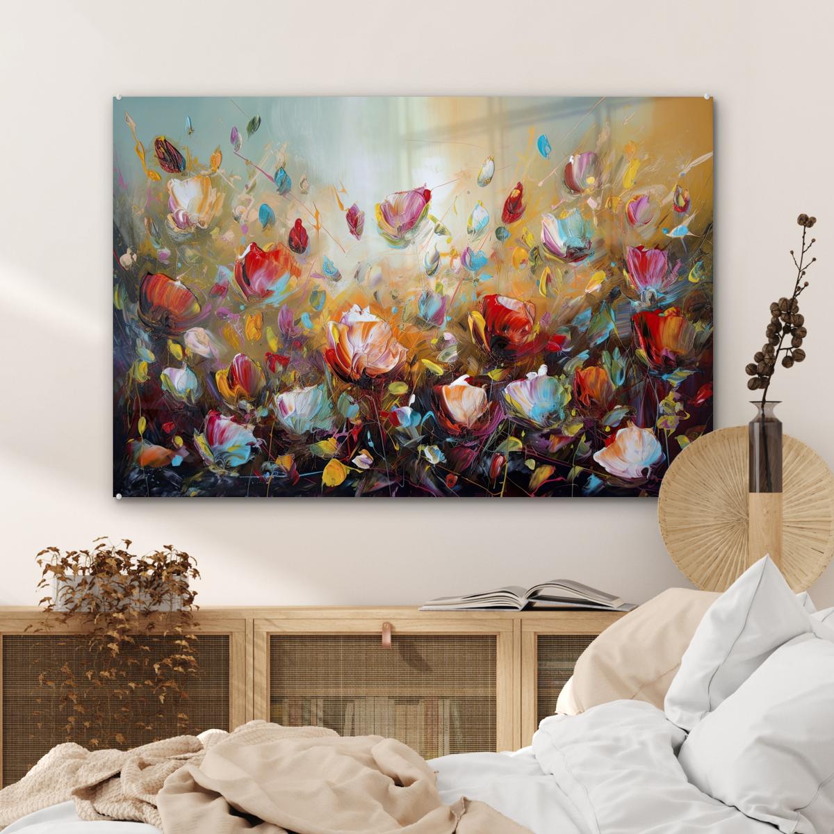 ACRYLGLASBILD Blumen - Kunst - Natur - Ölgemälde Room Decor 90x60 cm - Multicolor, Glas (90/60cm) - MuchoWow