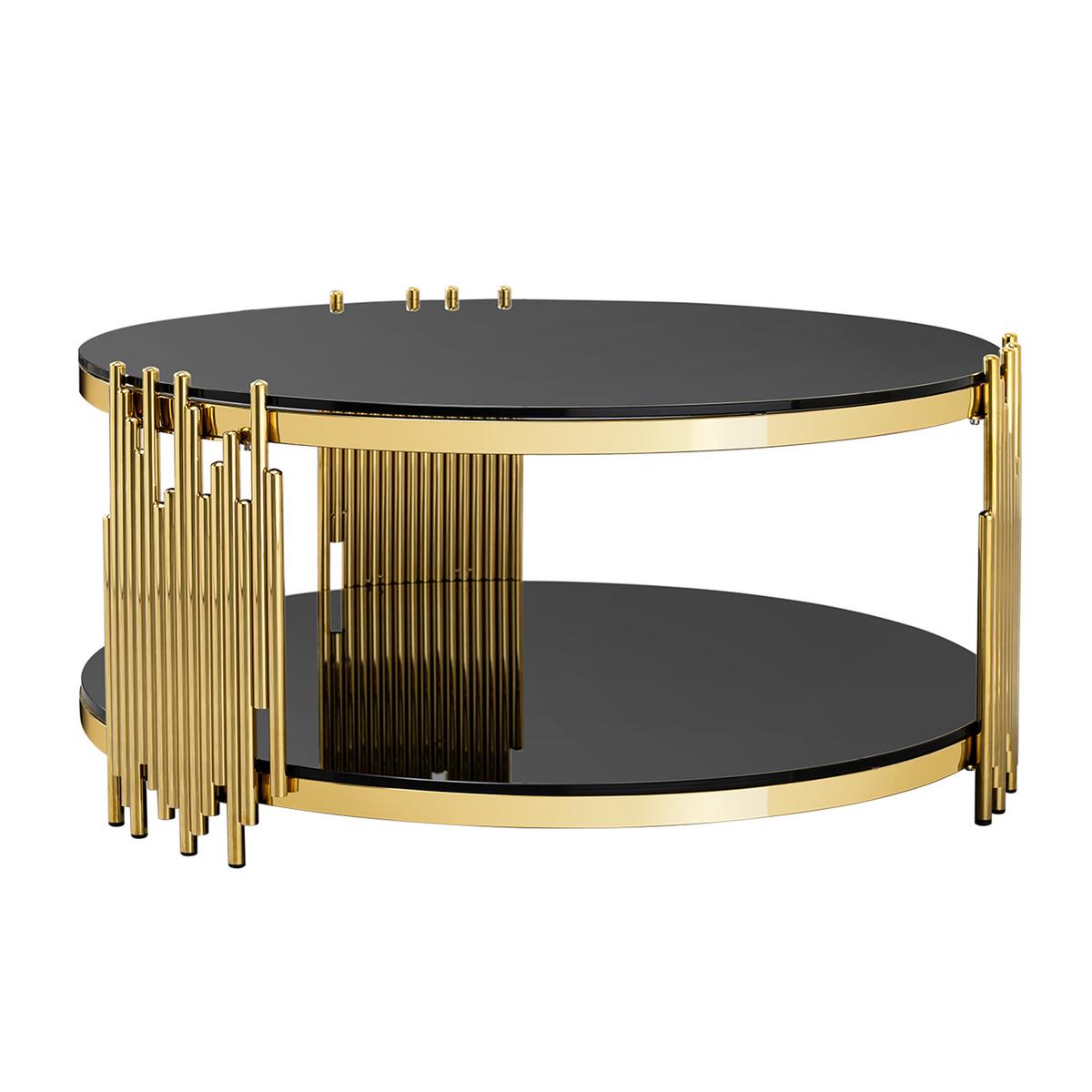 COUCHTISCH rund schwarz & gold Ø 80 cm doppelglas & edelstahlgestell - Goldfarben, Metall (80/80/45cm) - Urban Meuble