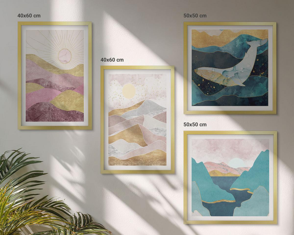BILDER SET 4er Set - 50x50 cm & 40x60 cm Goldrahmen - Abstrakte Berge Sonne - Goldfarben, Kunststoff (50/50cm) - TULUP