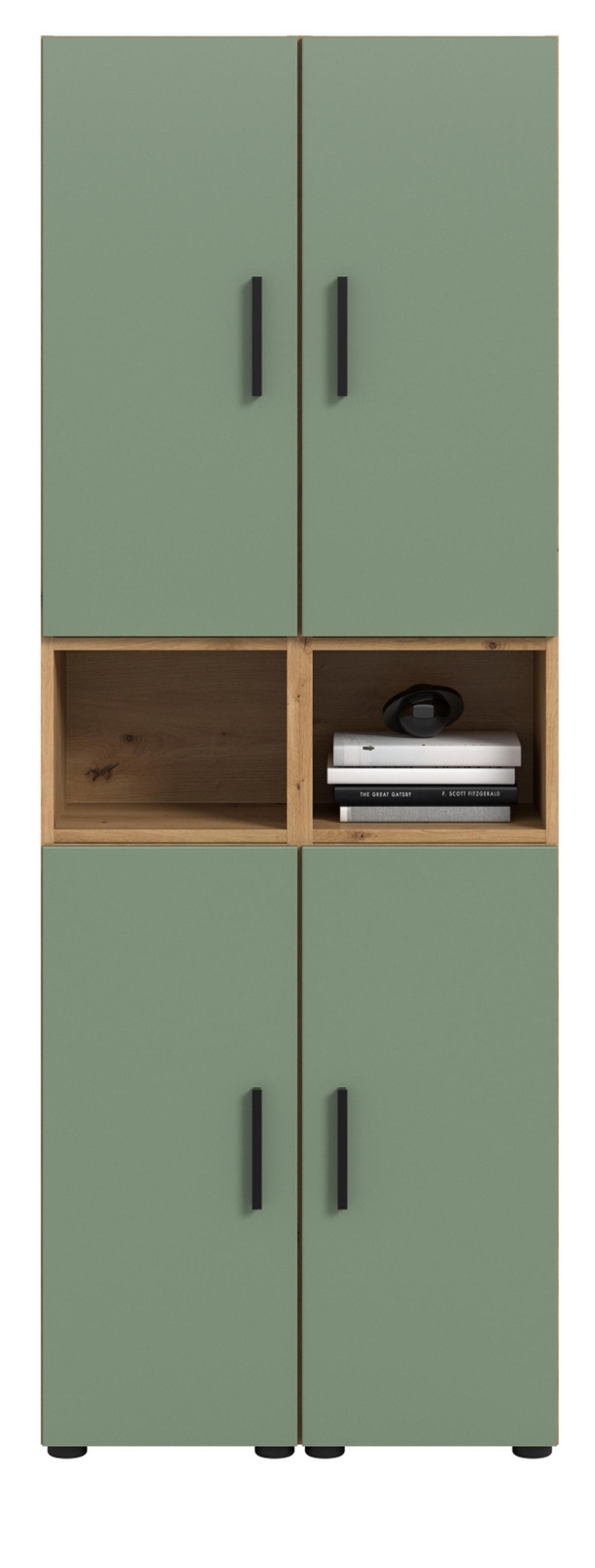 STAURAUMSCHRANK grün, Eiche Artisan 65 x 178 cm, Mehrzweckschrank mit viel Stauraum - Schwarz/Eiche Artisan, Holzwerkstoff/Kunststoff (65/178/34cm) - Inn.Furn