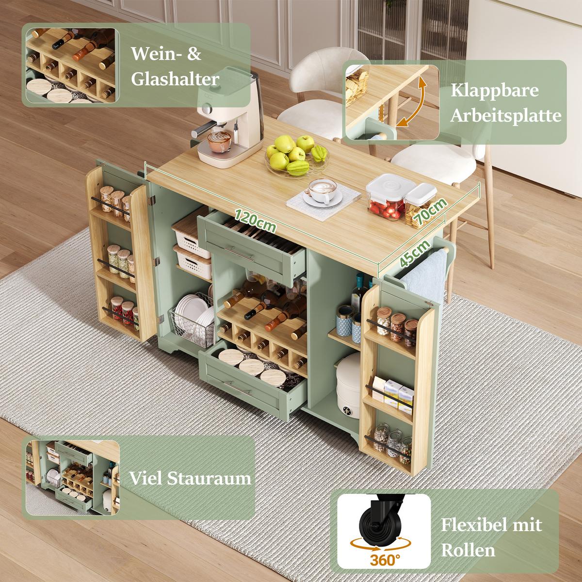 KÜCHENINSEL Antique Green Mit Klapptisch, Weinregal & Rollen - Waldgrün, Holzwerkstoff (138/92/70cm) - Urban Meuble