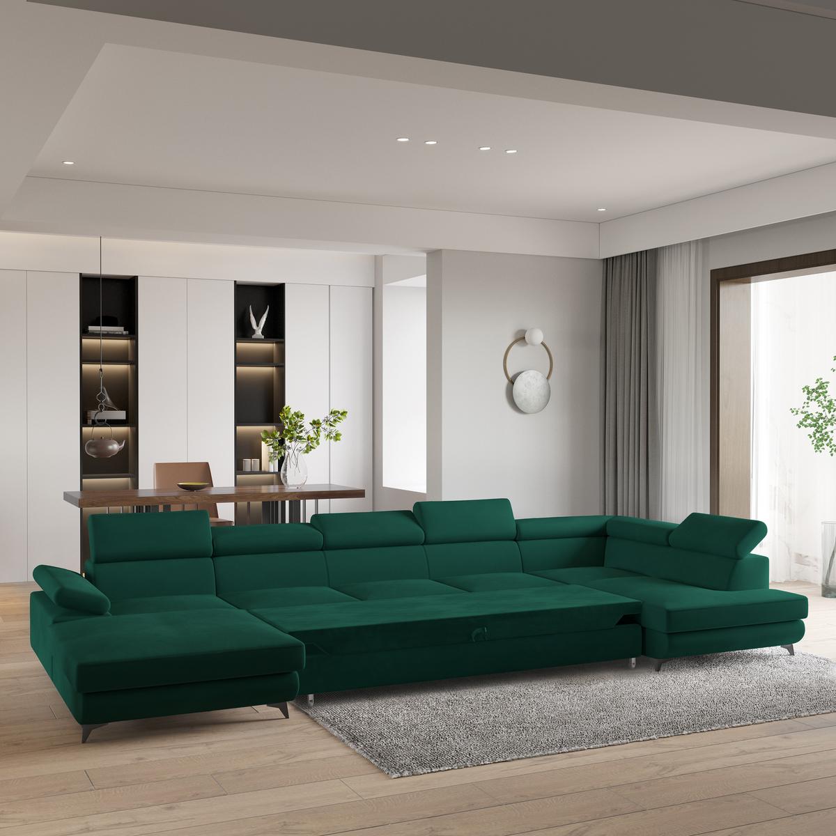 WOHNLANDSCHAFT MONTIVA Grün Velours-Stoff mit Schlaffunktion - Grün, Holz (410/89/190cm) - MASSENO