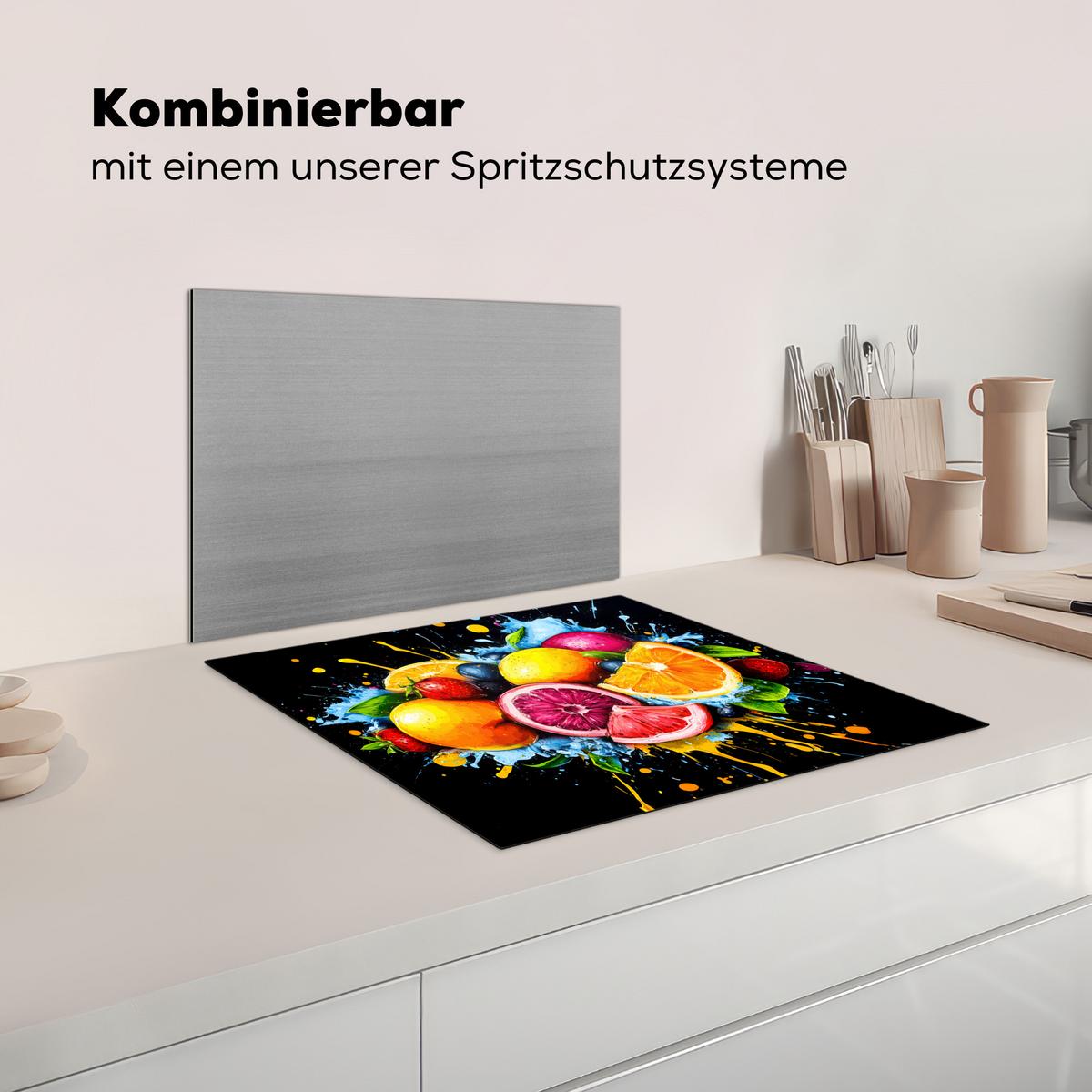 HERDABDECKPLATTE Obst - Graffiti - Bunt - Orange - Erdbeere - Abstrakt Abdeckung Ceranfeld 58.3x51.3 cm - Orange, Kunststoff (58.3/51.3/0.2cm) - MuchoWow