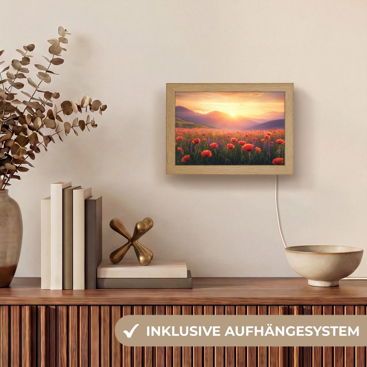 WANDLEUCHTE Landschaft - Sonnenuntergang - Blumenfeld 20x15 cm - Rot, Holzwerkstoff (20/15/8cm) - OnlyWow
