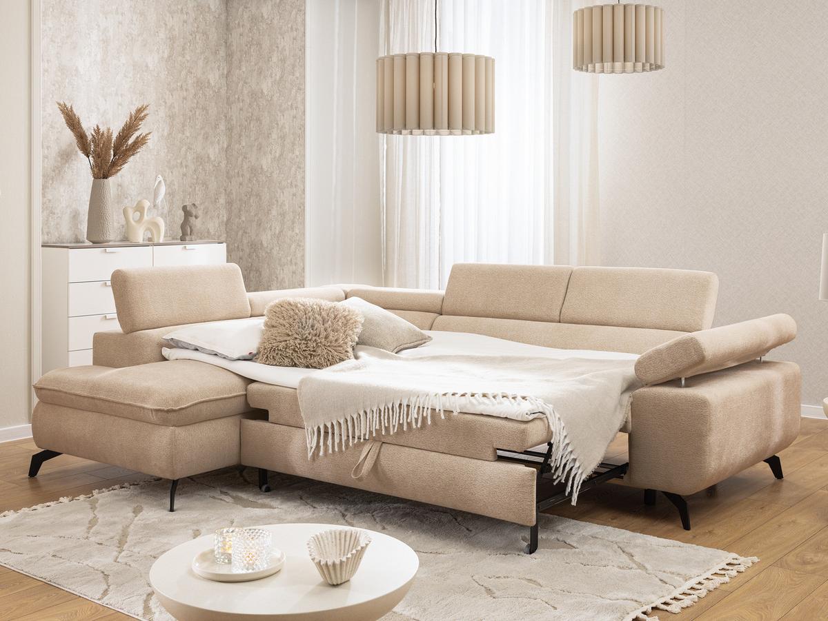 ECKSOFA mit Schlaffunktion und Bettkasten Bonnie aus Taupe Chenille-Stoff mit verstellbaren Kopfstützen und Armlehne - Ottomane links - Taupe/Schwarz, Holz/Textil (275/210cm) - S-Style
