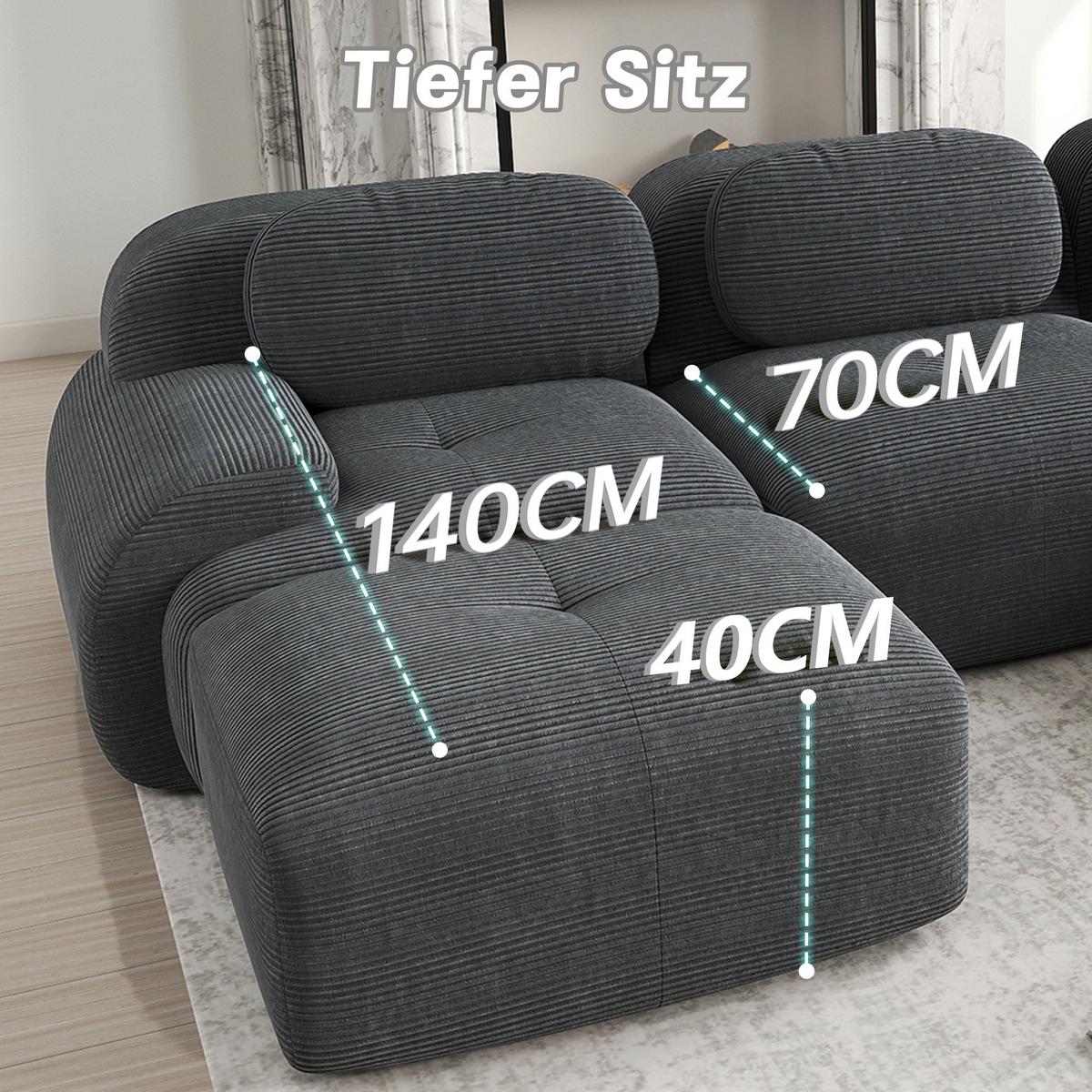 2-SITZER-SOFA in cordstoff rahmenloses design & modular kombinierbar - Grau, Textil (103/75/208cm) - Urban Meuble