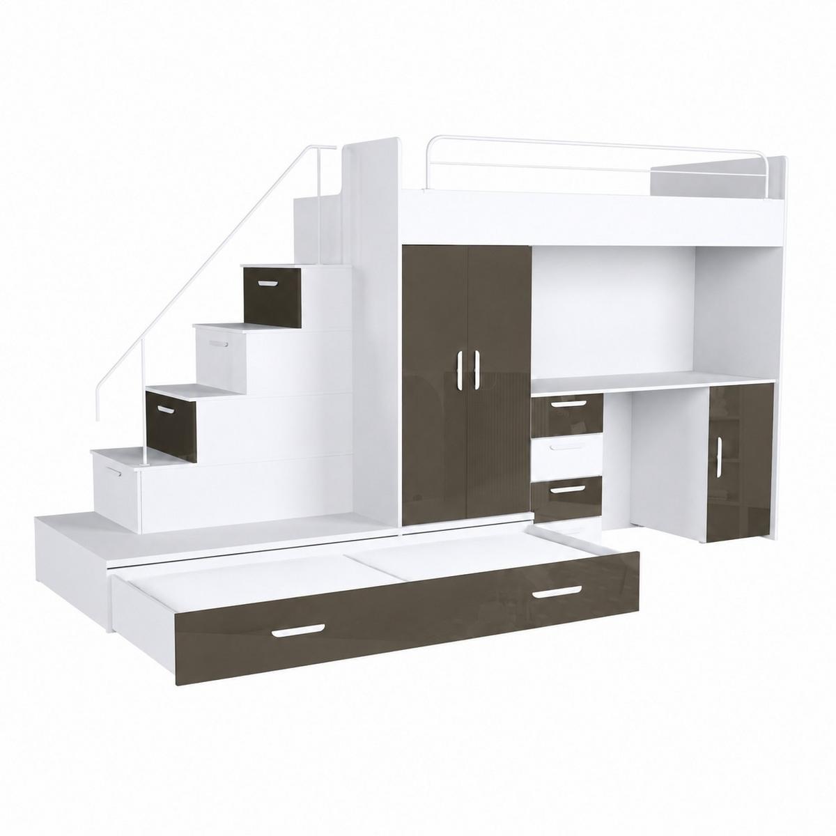 KINDERZIMMER Set RAJ 5, Matt mit Hochbett, Schrank und Schreibtisch - Weiß/Grau, Holzwerkstoff (320/180/86cm) - Lookway