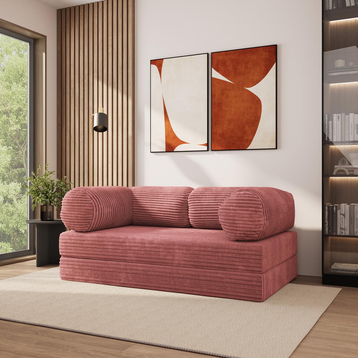 BETTSOFA ALVIO aus Schaumstoff Kordstoff Rosa Schlaffunktion - Rosa, Textil (170/68/80cm) - MASSENO