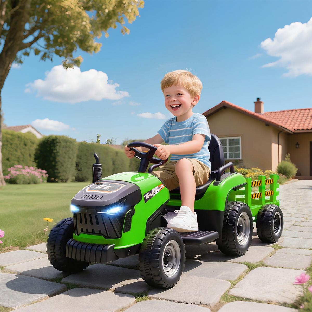KINDER-ELEKTROTRAKTOR 3-Gang mit Anhänger, 2 Motor, für 3-8 Jahre, Grün - Grün, Metall (139/58/55cm) - AIYAPLAY