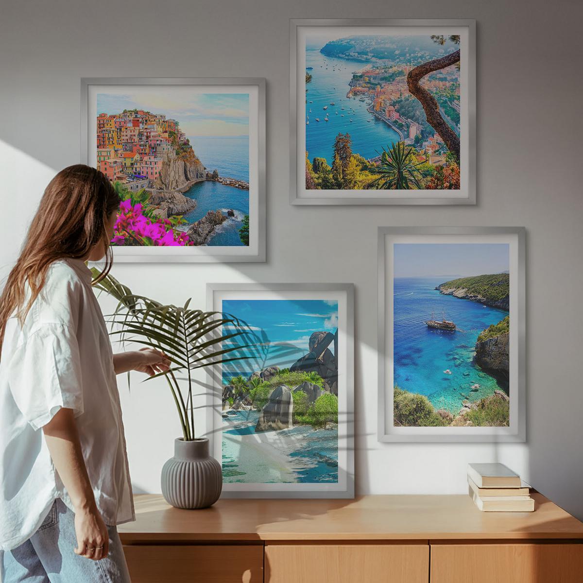 BILDER SET 4er Set - 50x50 cm & 40x60 cm Silberner Rahmen - Palmen am Meer, blaues Wasser - Silberfarben, Kunststoff (50/50cm) - TULUP
