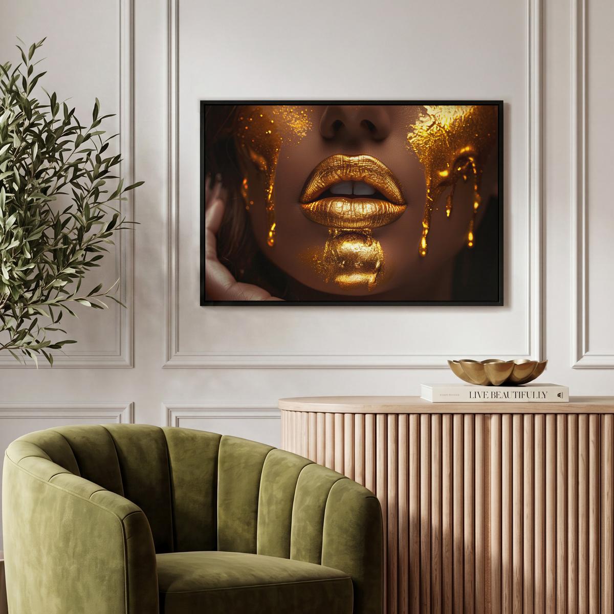 LEINWAND Bilder mit Rahmen - Frau - Gold - Luxus - Porträt - 60x40 - Goldfarben, Textil (60/40cm) - MuchoWow