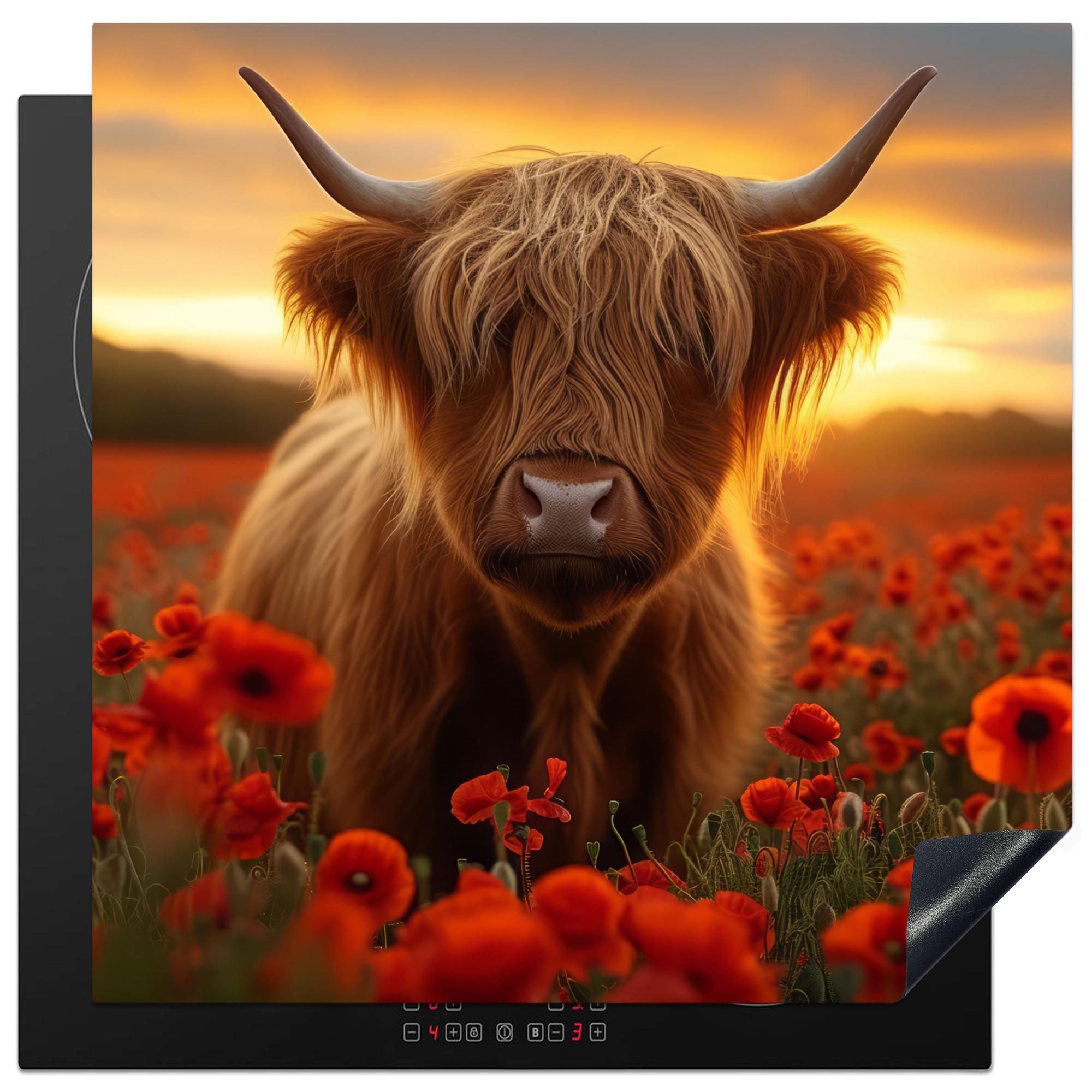 HERDABDECKPLATTE Schottische Highlander - Rosen - Blumenfeld - Sonnenuntergang Induktionsmatte 78x78 cm - Rotbraun, Kunststoff (78/78/0.2cm) - MuchoWow