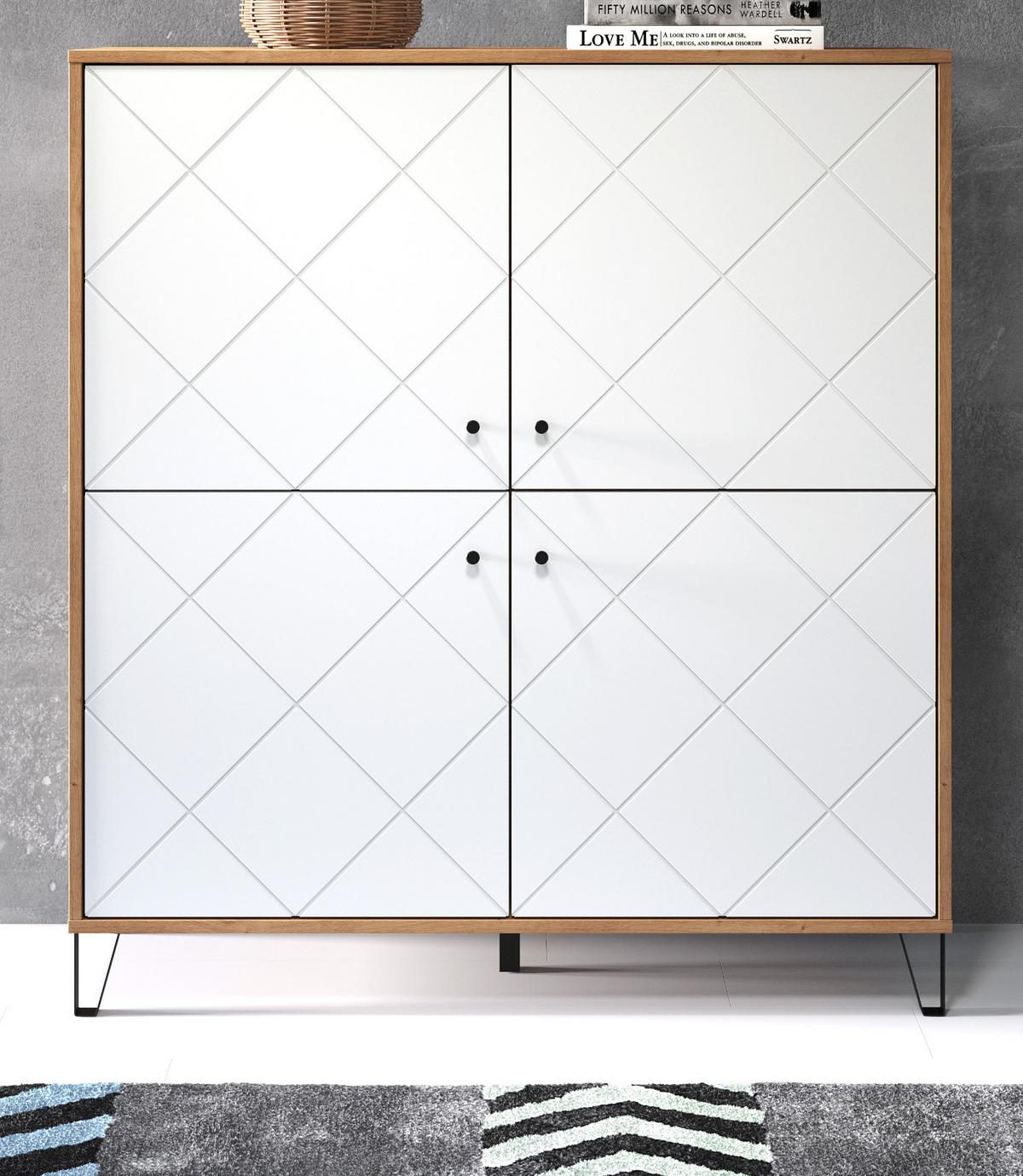 HIGHBOARD weiß matt mit Rautenoptik, Eiche Artisan 123 x 136 cm, Kommode mit Soft-Close - Eichefarben/Schwarz, Holzwerkstoff/Kunststoff (123/136/40cm) - Top.Furn