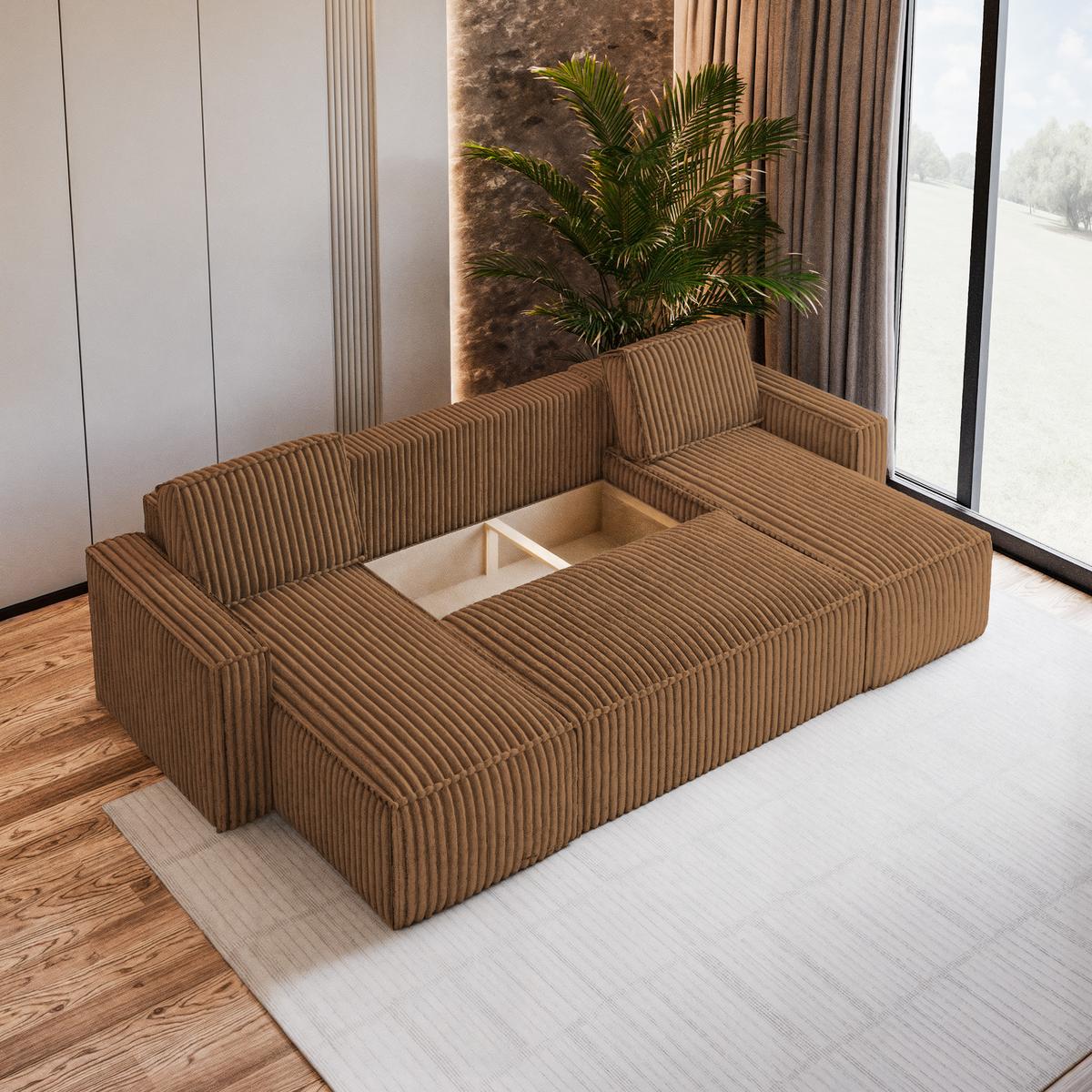 WOHNLANDSCHAFT PESANO T Kupferfarben Kordstoff mit Schlaffunktion - Grau/Kupferfarben, Holz/Kunststoff (306/85/140cm) - MASSENO