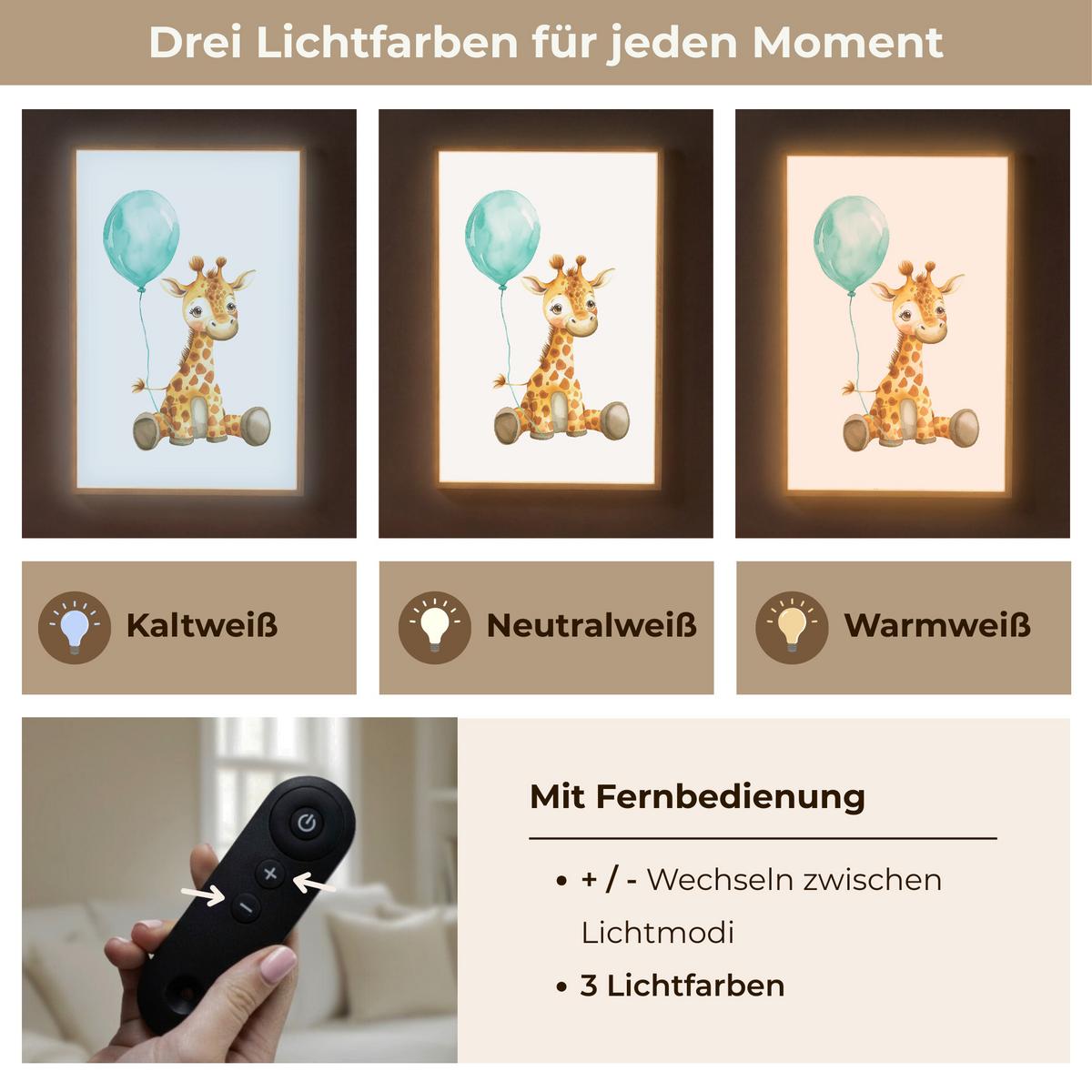 NACHTTISCHLAMPE MIT AKKU Giraffe - Baby - Tiere - Blauer Ballon 60x90 cm - Weiß, Holzwerkstoff (8/60/90cm) - OnlyWow