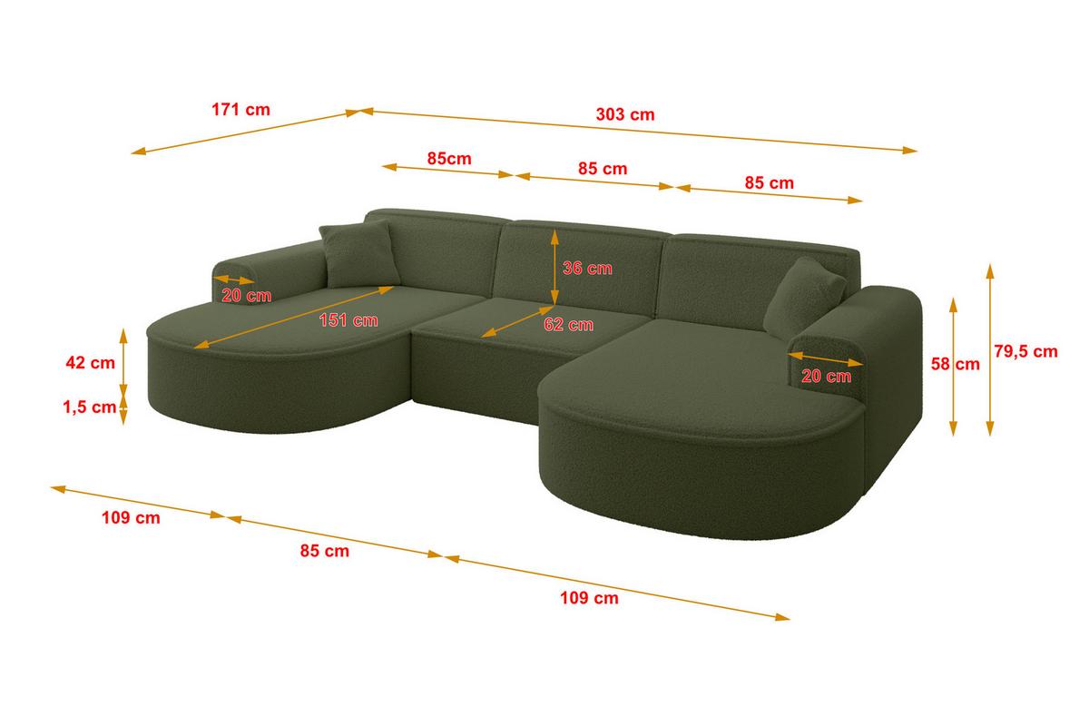 WOHNLANDSCHAFT MARI-U1 - 303x171x79 cm Grün Bouclé - Schwarz/Grün, Holzwerkstoff/Kunststoff (303/79/171cm) - ALTDECOR