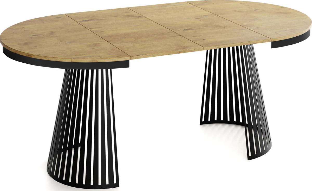ESSTISCH Naro rund ausziehbar mit Schwarzem Lamellen-Metallgestell, Braun 100-180/100/76 cm - Eichefarben/Schwarz, Holzwerkstoff/Metall (100/176/76cm) - WFL GROUP