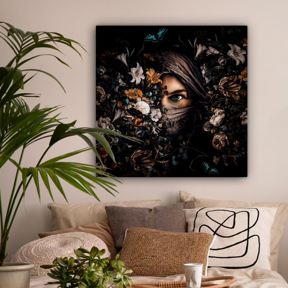 LEINWANDBILD Frau - Luxus - Blumen - Schmetterling - Porträt Deko Groß 90x90 cm - Schwarz, Textil (90/90cm) - MuchoWow