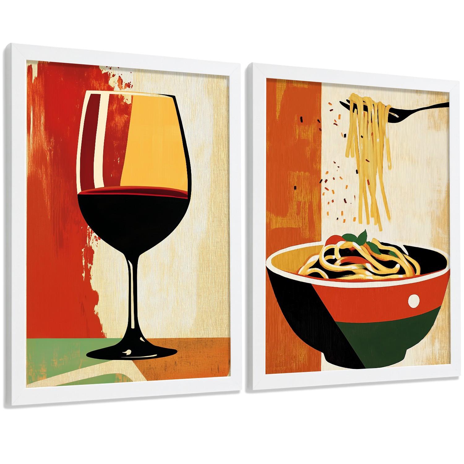 POSTER 2er Set Küchen-Wandbilder Rotwein und Pasta Vintage Retro Esszimmer Wanddeko Rahmenlos A4 - Weiß, Papier (29.7/1/21cm) - Nacnic