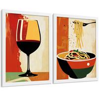 POSTER 2er Set Küchen-Wandbilder Rotwein und Pasta Vintage Retro Esszimmer Wanddeko Rahmenlos A4 - Weiß, Papier (29.7/1/21cm) - Nacnic