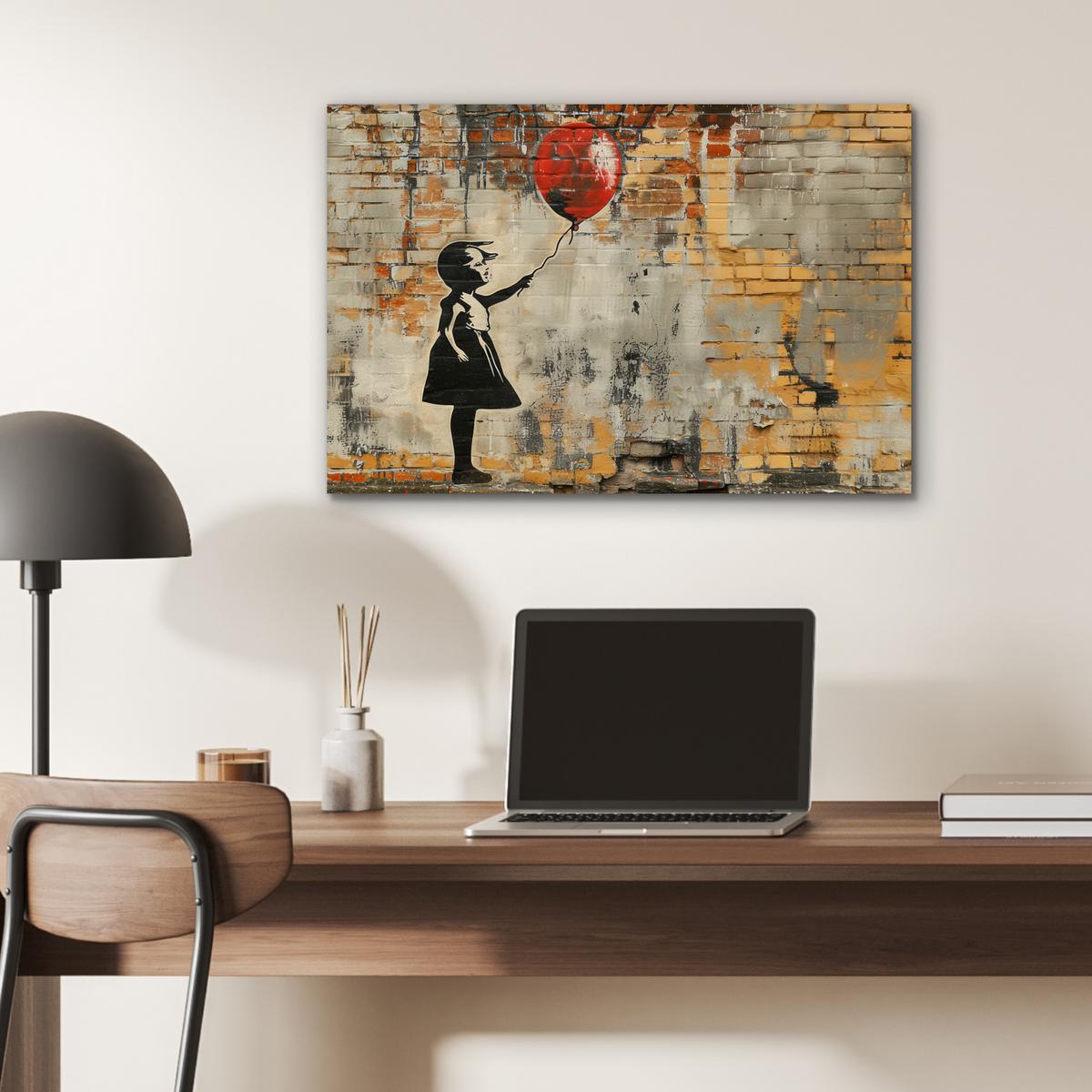 METALLBILD Graffiti - Banksy - Mädchen - Straßenkunst Wandbild 60x40 cm - Sandfarben, Metall (60/40cm) - MuchoWow