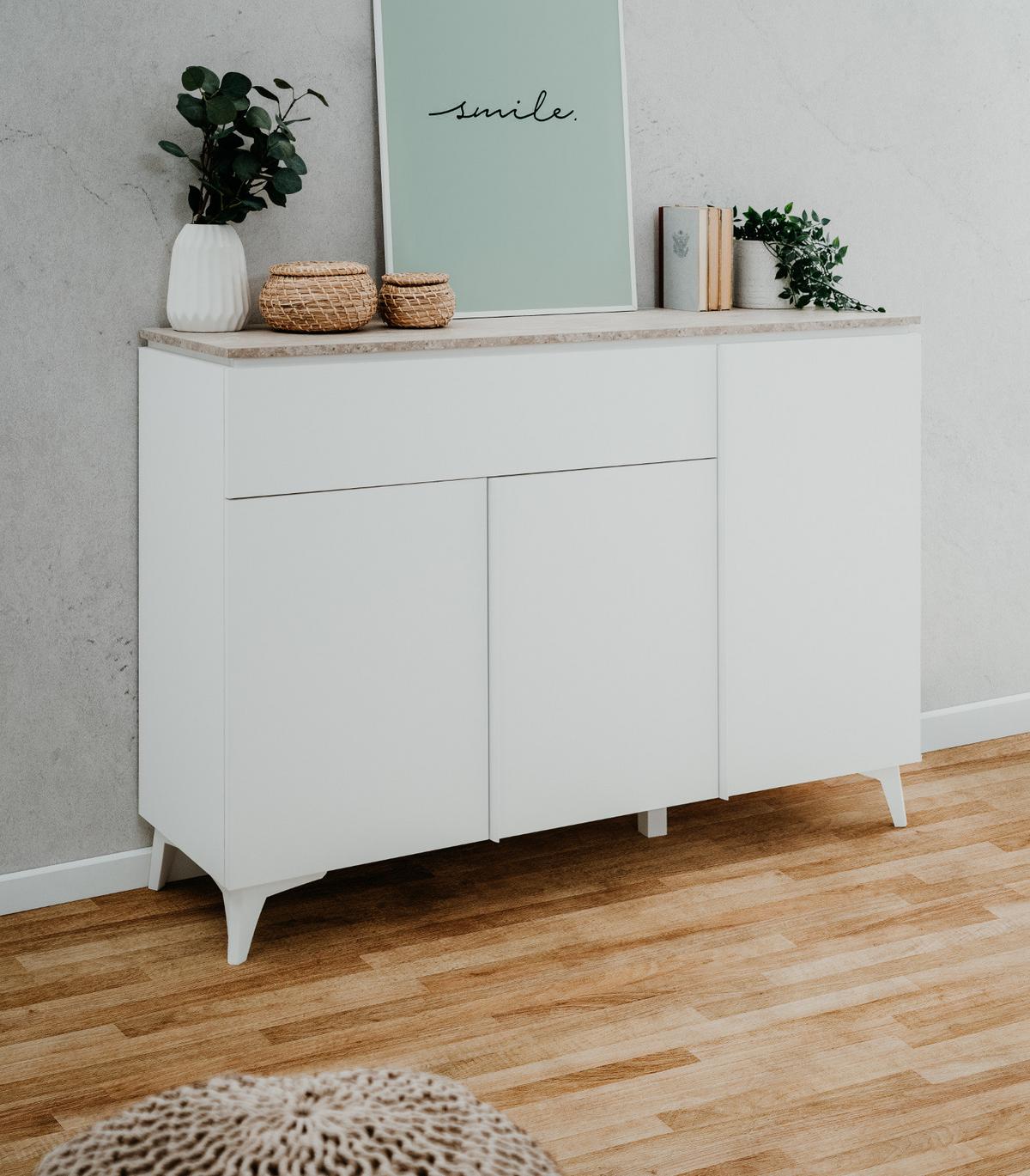 SIDEBOARD weiß, Sandstein 133 cm, Kommode 3-türig - Weiß, Holzwerkstoff/Kunststoff (133/92/40cm) - Furn.Design