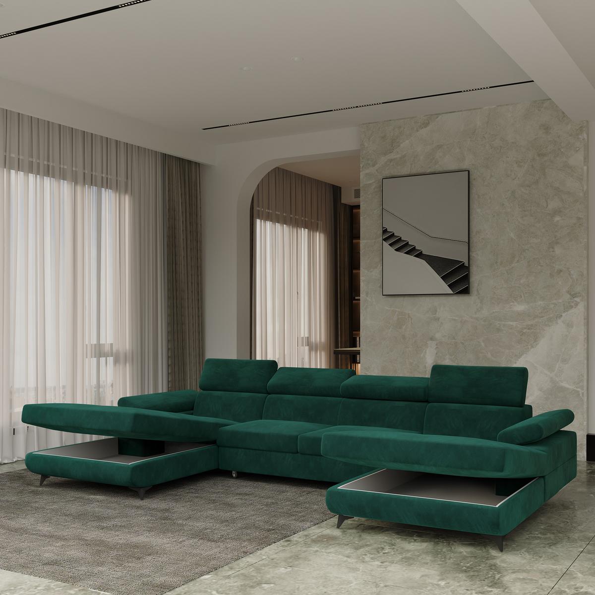 WOHNLANDSCHAFT DETTI Grün Velours-Stoff mit Schlaffunktion - Grün, Holz (339/89/190cm) - MASSENO