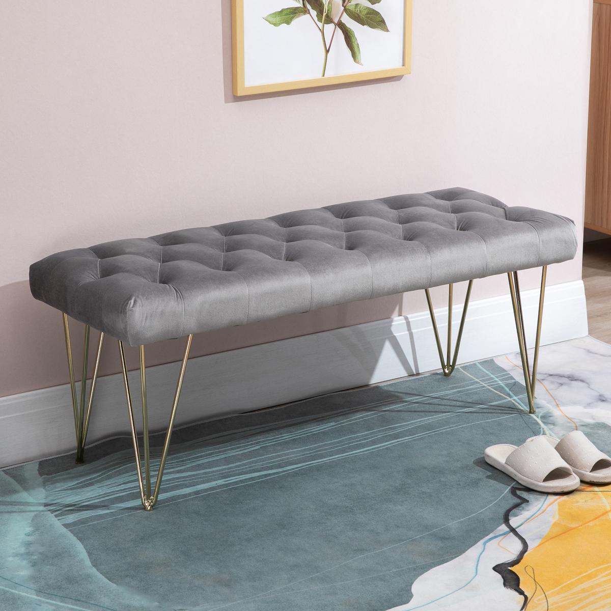 SITZBANK Schuhbank Sitztruhe Eingangsbereich Polsterbank Velvet Metall Grau - Grau, Kunststoff (116/49/44.5cm) - HOMCOM