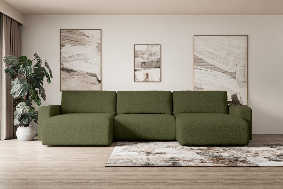 WOHNLANDSCHAFT mit Schlaffunktion und Bettkasten KLEEA-U - 347x143x83 cm Grün Bouclé - Schwarz/Grün, Holzwerkstoff/Kunststoff (347/83/143cm) - ALTDECOR